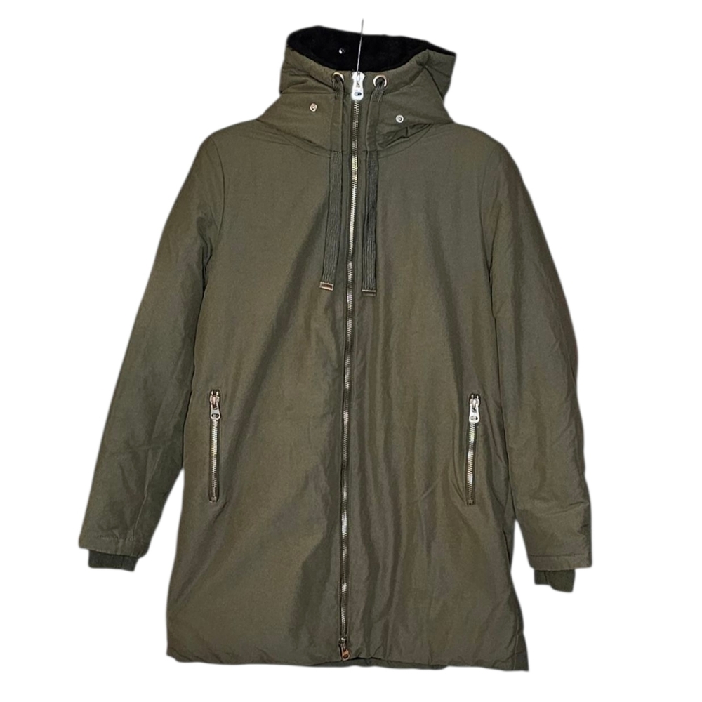 Zara Outerwear Olive Green Parka Winter Coat Hood Black Faux Fur Lining womens M